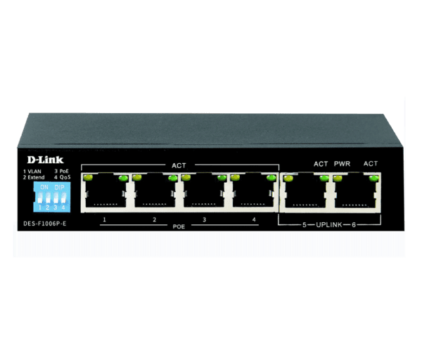 D-Link 6-Port Gigabit PoE Switch with 4 Long Reach PoE Ports and 2 Uplink Ports - DGS-F1006P